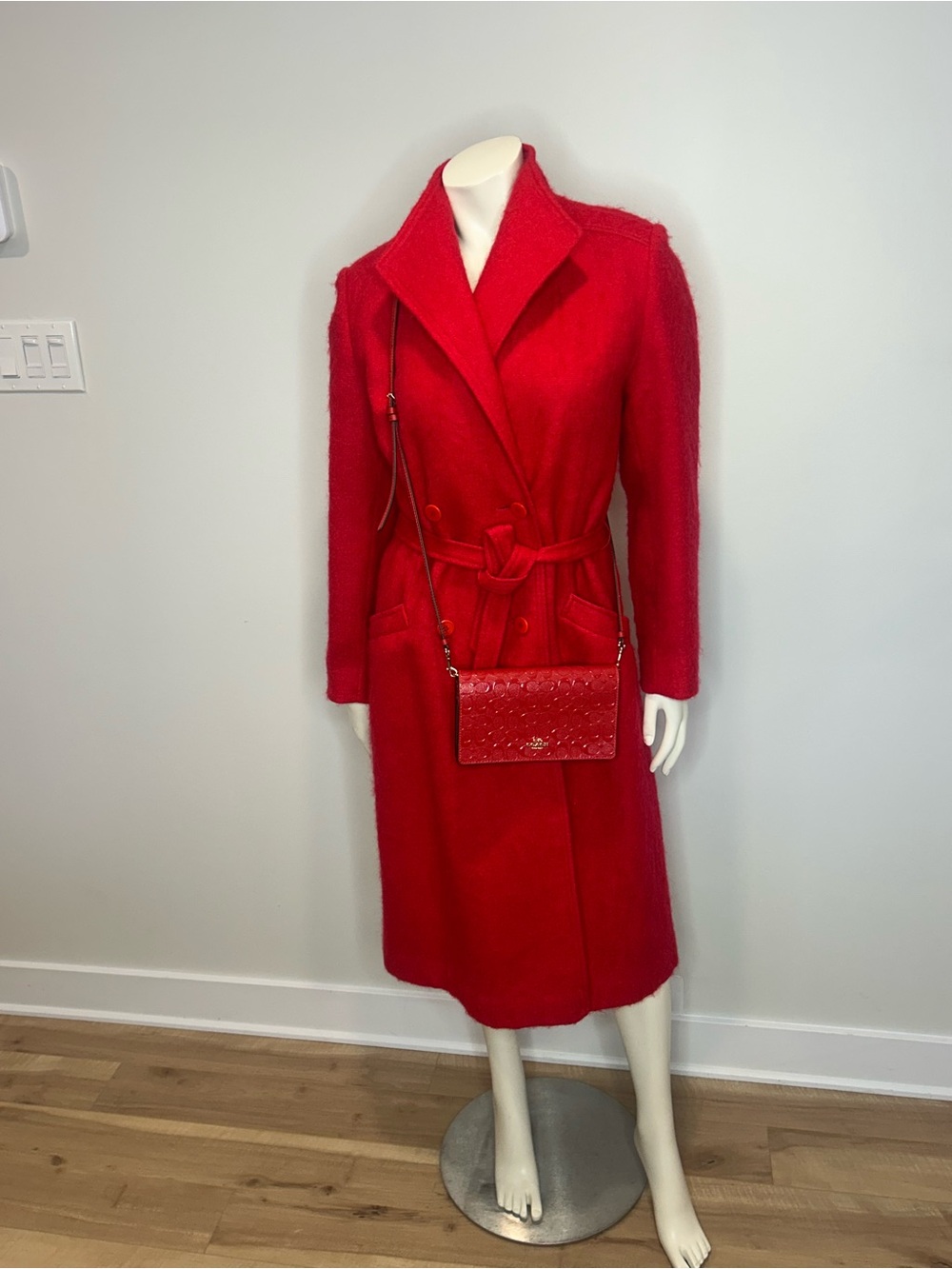 Women's Red Belted Long Trench Coat with Notched Collar